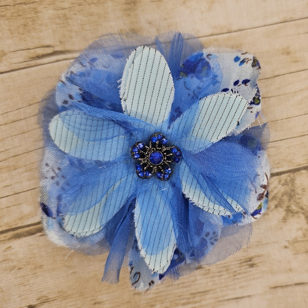 Jeweled Flower Brooch/Pin/Clip Combo Blue Shades